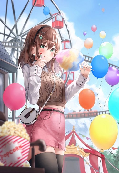 Girl eating cotton candy at a carnival with balloons