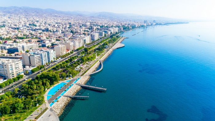 Limassol Cyprus coastline with city and blue sea