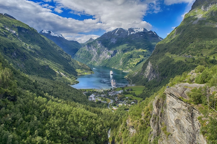 Geirangerfjord, Norway with cruise ships and mountains