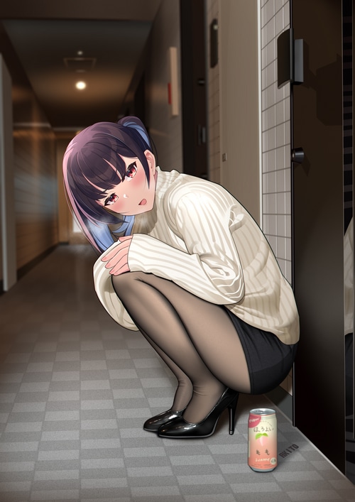 Akito squatting in a hallway with a drink
