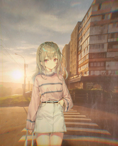 Anime girl with braids walking in the city at sunset