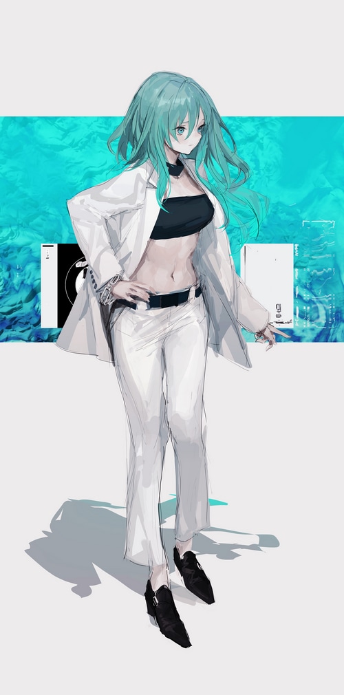 Anime girl with blue hair and eyes in white suit