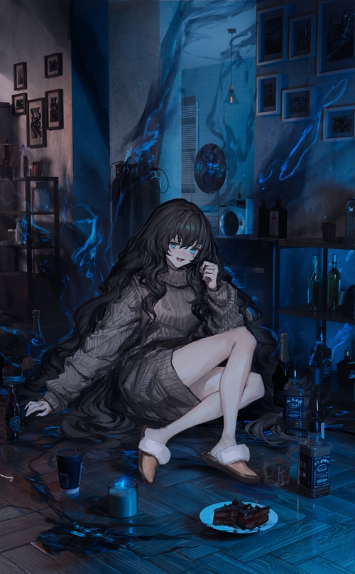 Anime girl in sweater with cake and candles
