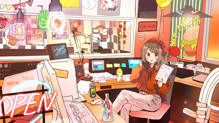 Anime girl in radio studio with Monster Energy