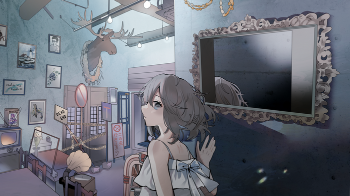 Girl looking into a mirror with a moose head