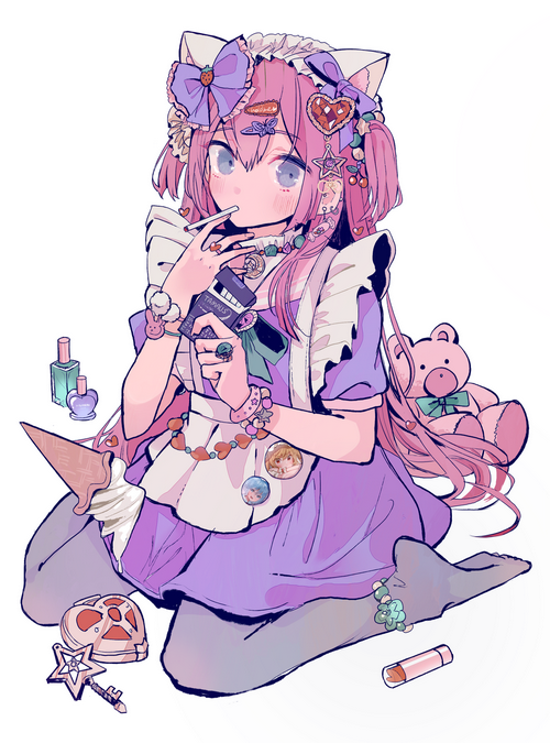 Anime girl in maid outfit with pink hair smoking