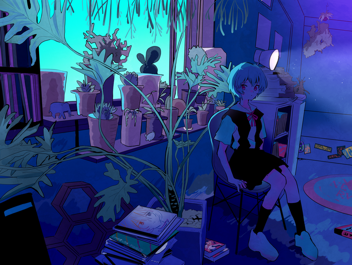 Ayanami Rei from Neon Genesis Evangelion in a room