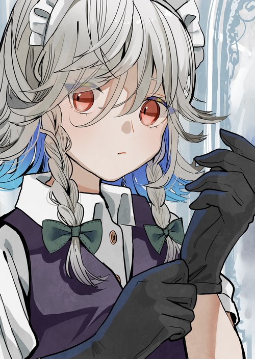 Touhou character with braids and red eyes wearing gloves