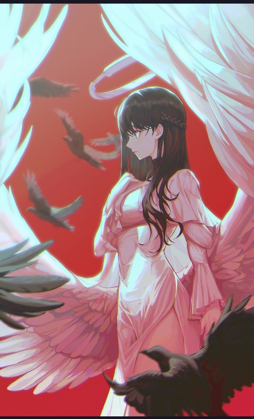 Angel with white wings and birds