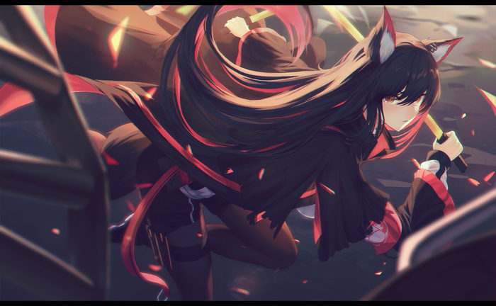 Texas from Arknights with wolf ears holding a sword