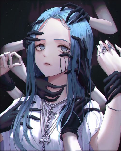 Girl with blue hair and black gloves surrounded by hands