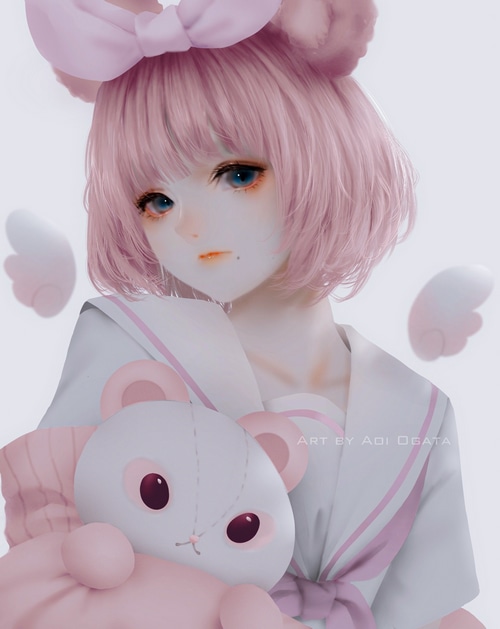 Aoi Ogata's anime girl with pink hair and teddy bear