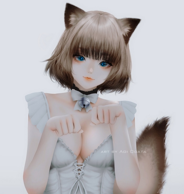 Fox girl with blue eyes and bell collar