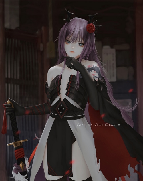 Aoi Ogata with a sword and a rose in her hair