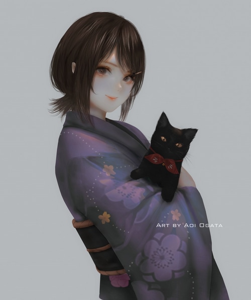 Anime girl in kimono holding a black cat