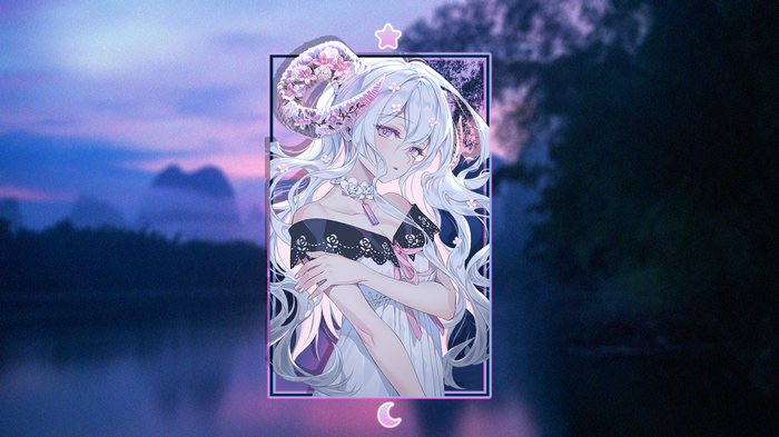 Anime girl with horns and flowers in a misty forest