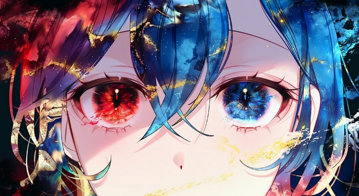 Close-up of anime character's eyes with colorful hair