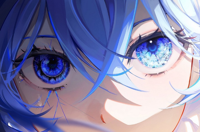 Anime girl with blue hair and crystal eyes