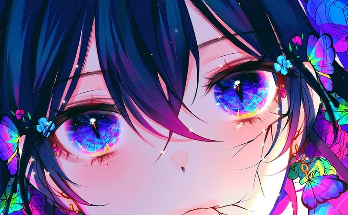Anime girl with colorful butterfly and flower decorations