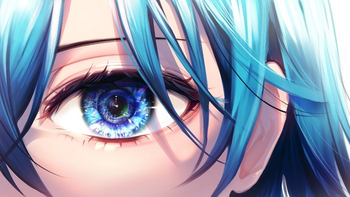 Close-up of anime girl's blue eye and blue hair