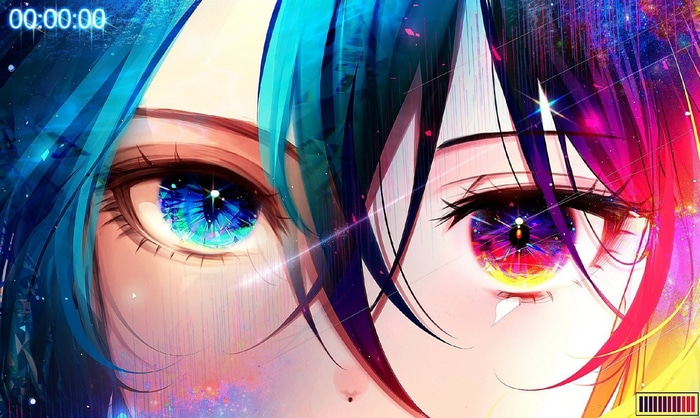 Two anime girls with colorful eyes and hair