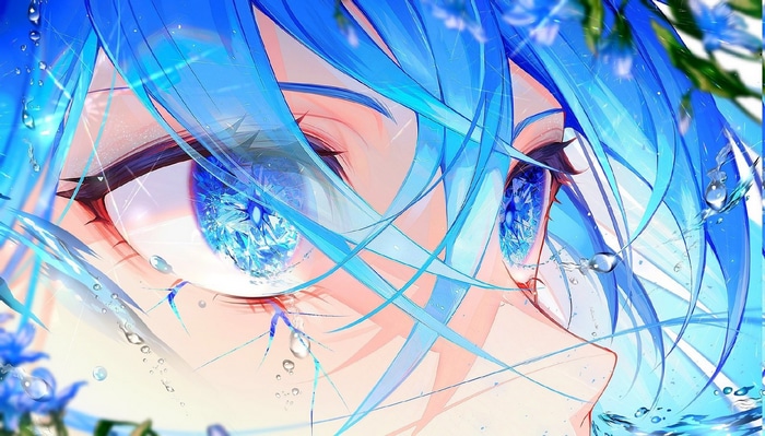 Close-up of anime girl with blue hair and diamond eyes