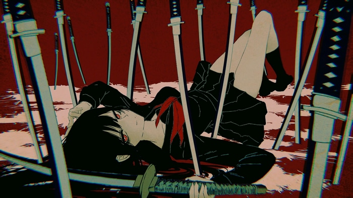 Girl in school uniform lying among katanas