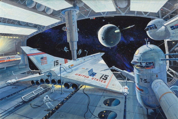 Retro Sci-Fi Space Hangar with USA Spaceship and Astronauts