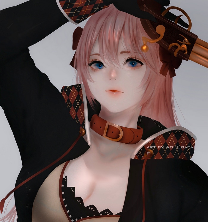 Anime girl with pink hair and a gun
