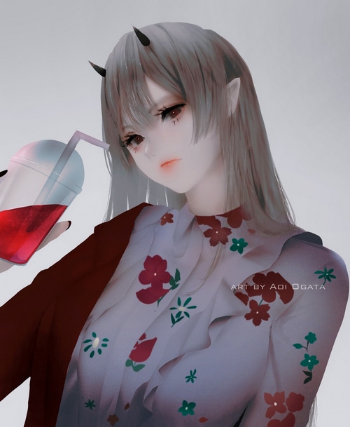Girl with horns and drink by Aoi Ogata
