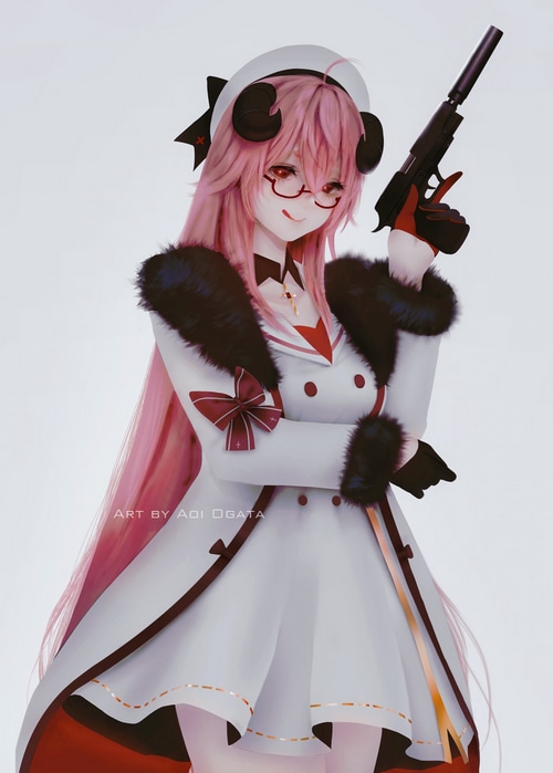 Aoi Ogata with a gun and glasses