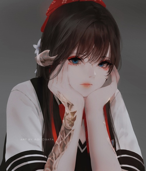 Aoi Ogata anime girl with blue eyes and red ribbon