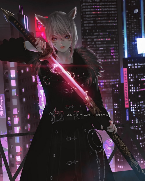 Aoi Ogata with Katana in City Lights