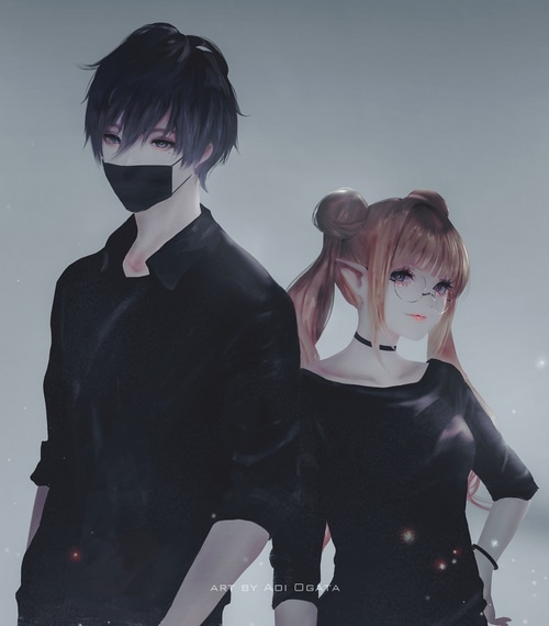 Anime boy with mask and girl with glasses
