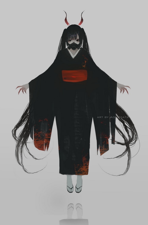 Aoi Ogata's Demon Girl in Black Kimono with Mask and Horns
