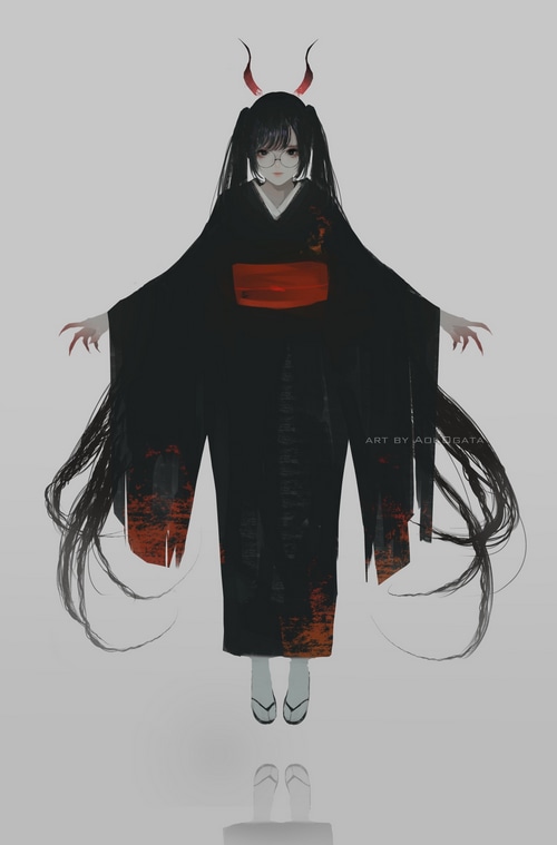 Anime girl with horns, glasses, and kimono by Aoi Ogata