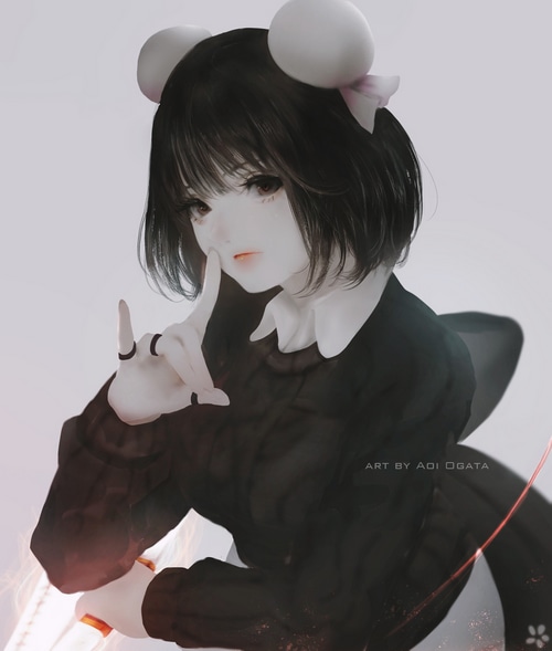 Anime girl with black hair and mouse ears by Aoi Ogata