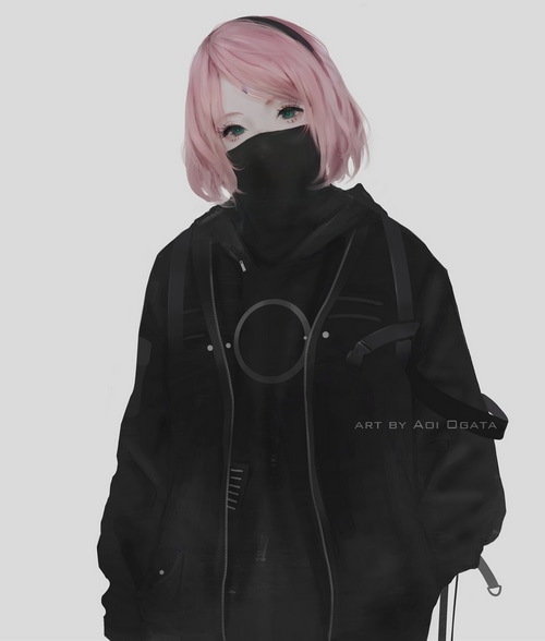Sakura from Naruto wearing a black mask and jacket