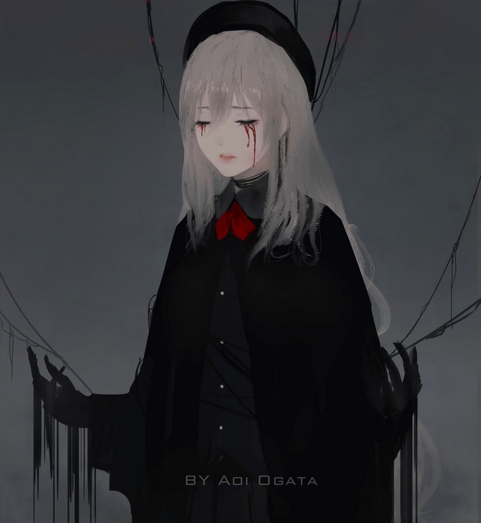 Aoi Ogata with blood dripping from closed eyes