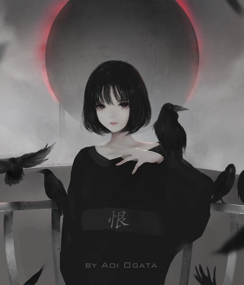Aoi Ogata with Crows and a Red Moon