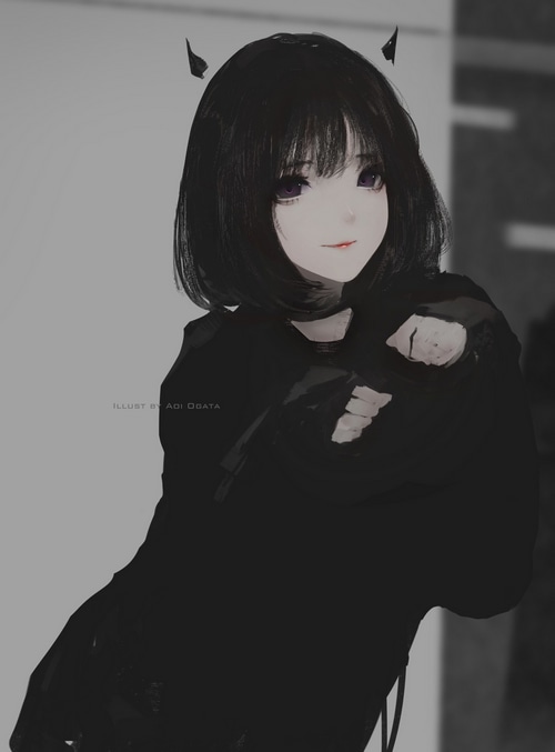 Illustration by Aoi Ogata of a girl with black hair and horns