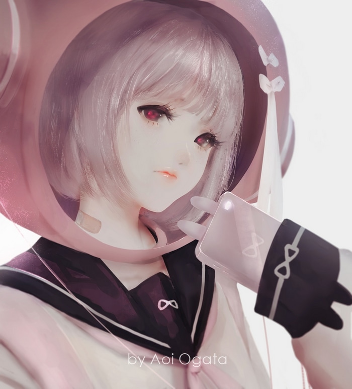 Aoi Ogata anime girl with pink hair and red eyes