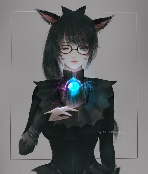 Aoi Ogata anime girl with cat ears and glasses holding a crystal