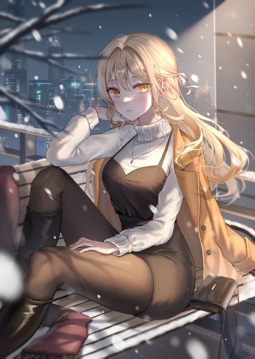 Anime girl with blonde hair in a city during snowfall