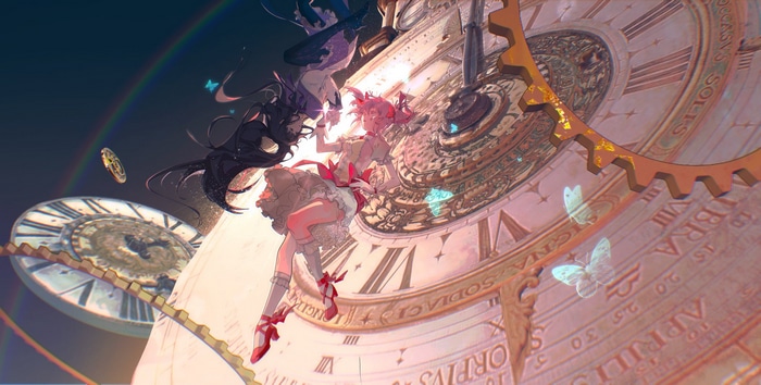Madoka Kaname and Homura Akemi on a Clock