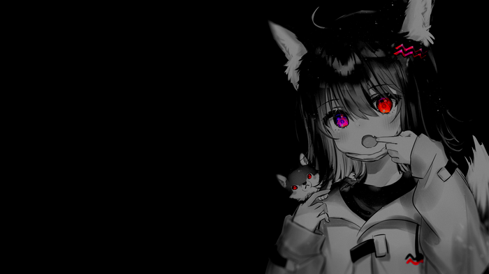 Fox girl with red and purple eyes and a small creature