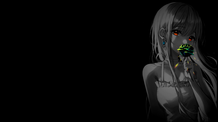 Anime girl with orange eyes holding a rose