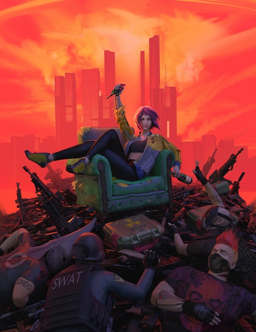 Woman sitting on a couch amidst weapons and ruins