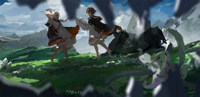 XilmO characters dancing in a mountain landscape