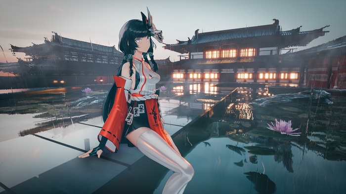 4K Punishing: Gray Raven character in rain with water lilies